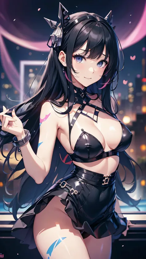 最high quality、best image quality、masterpiece、teenage girl((18-year-old、 by becoming、vest bust、medium bust,wide open breast tea、black eye, black hair、long hair、thin,highest valley、cute makeup、Cyber attire、Cyber Skirt、best smile、leaning forward、blue face pai...