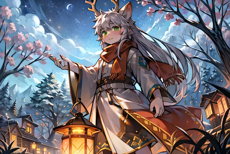 A white deer，green eyes，antlers，Sparkling starry sky，full moon，坐在grassland上，绿油油的grassland，lantern，Peach tree，Luohuashan，night，Holding plum blossom branches in hand，grassland，The tree  full of fruits，White robe，Turquoise decoration，orange scarf，Cute Shota，y...