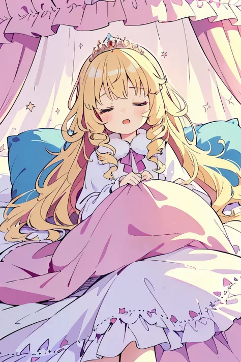 (Fluffy and sparkling bedroom like a princess),(bed with canopy:1.4),(sleeping with a blanket over:1.4),(A fluffy and warm blanket:1.3),blush,Chibi,cute,girl,Happy sleeping face,(Sleeping with your eyes closed:1.3),(A sluggish face with an open mouth:1.3),...