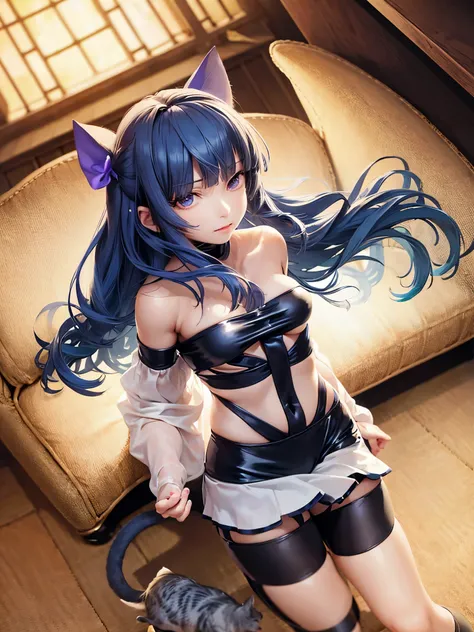 1 girl, Frederica Bernkastel, Bangs, blue bow, blue hair, blunt Bangs, bow, chest-hugging,  cat tail, arms crossed, skirt, long hair, long sleeves, purple eyeackground, alone, tail bow, tail ornament, tail raised, tail ribbon