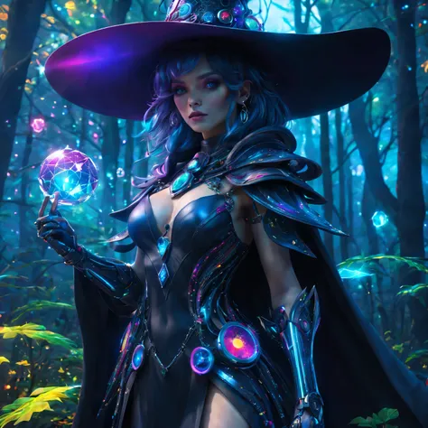 Futuristic robot witch in the enchanted forest、(witch hat)、cybernetic enhancement、(Mechanical edge structure、cloak，Create a mysterious and charming atmosphere，Glittering symbols and runes、Sparkling magic gemstones、Rainbow palette，（best quality，4K，8k，master...