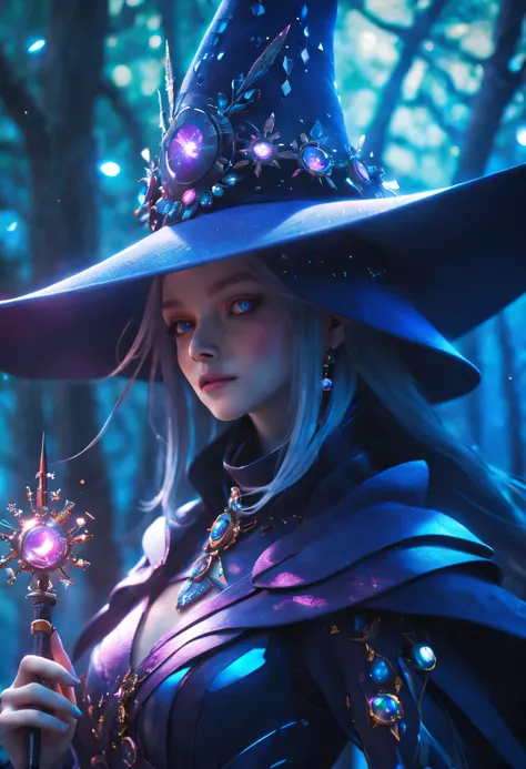 Futuristic robot witch in the enchanted forest、(witch hat)、cybernetic enhancement、(Mechanical edge structure、cloak，upper body portrait，Create a mysterious and charming atmosphere，Glittering symbols and runes、Sparkling magic gemstones、(sparkling magic wand)...