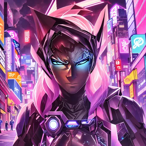 "Create an anime-style illustration featuring a cyberpunk dog with a half-robotic face. The dog should have a cybernetic implant covering one side of its face, seamlessly blending robotic and organic features. Set the scene in a nighttime  backdrop with vi...