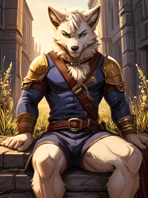 Furry,solo,golden breed dog,white fur,green eyes,Muscular 1.4,Tilt your head slightly 1.5,Wear medieval clothing 1.6,He was sitting in the meadow.,Looking straight at the viewer,Evening,sparkling eyes,seductive eyes,The best details,HDR,8k