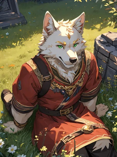 Furry,solo,golden breed dog,white fur,green eyes,Muscular 1.4,Tilt your head slightly 1.5,Wear medieval clothing 1.6,He was sitting in the meadow.,high angle view,Gold comes straight at the viewer.,Evening,sparkling eyes,seductive eyes,The best details,HDR...