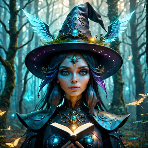 Futuristic robot witch in the enchanted forest、(witch hat)、cybernetic enhancement、(Mechanical edge structure、upper body portrait，Create a mysterious and charming atmosphere，Sparkling wings、Glittering symbols and runes、sparkling magic book、mist、strong color...