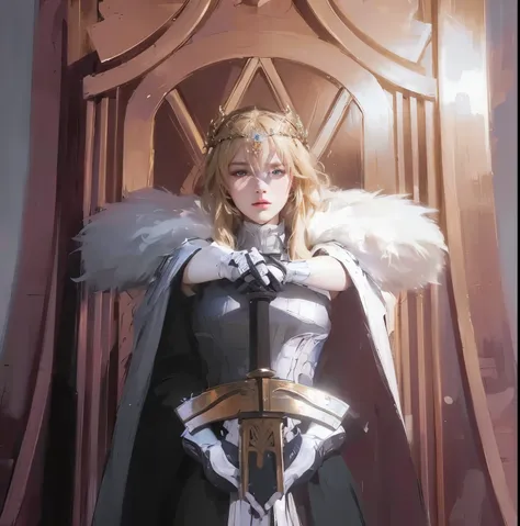 ((masterpiece, best quality, extremely detailed)), ((Face Detailed)), ((High Res)), (Ultra High Detailed), 8k, best quality, masterpiece, 1 girl, blonde hair, queen, white fur scarf, armor, both hands forward holding the sword, golden crown