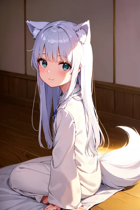 Cabello largo plateado, ojos verdes, petite, monja, white clothes, wolf ears, wolf tail, sonrisa, muslos hermosos, inside house, girar cuello, look back