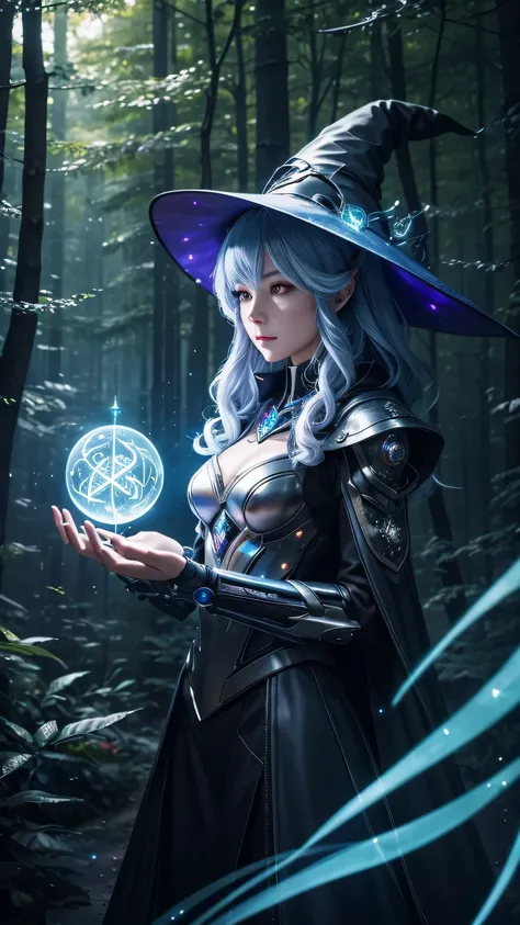 Futuristic robot witch in the enchanted forest、witch hat、cybernetic enhancement、Mechanical edge structure、Create a mysterious and charming atmosphere，sparkling magic wand，Glittering symbols and runes、shimmering particles、sparkling mist、strong color palette...