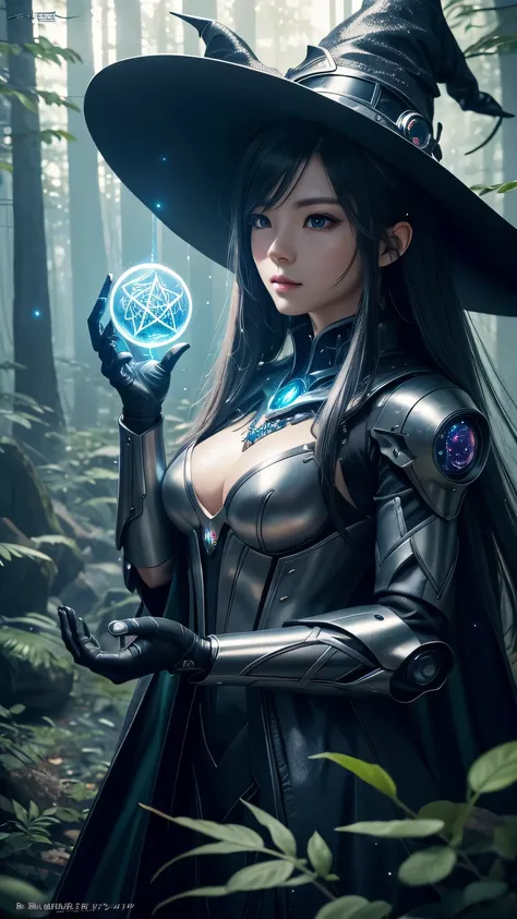 Futuristic robot witch in the enchanted forest、witch hat、cybernetic enhancement、Mechanical edge structure、Create a mysterious and charming atmosphere，sparkling magic wand，Glittering symbols and runes、shimmering particles、sparkling mist、strong color palette...