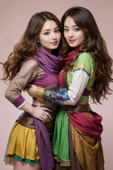 2girls, curious, fearless, smiling, wavy brown hair, dressed in colorful clothes and a magical scarf, next to the old fairy queen,​masterpiece, top-quality,raw photograph, top-quality, Official Art ,the Extremely Detailed CG Unity 8K Wallpapers, 