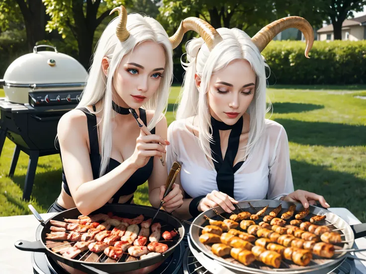 beautiful young girl, white hair, capricorn horns, make a barbecue