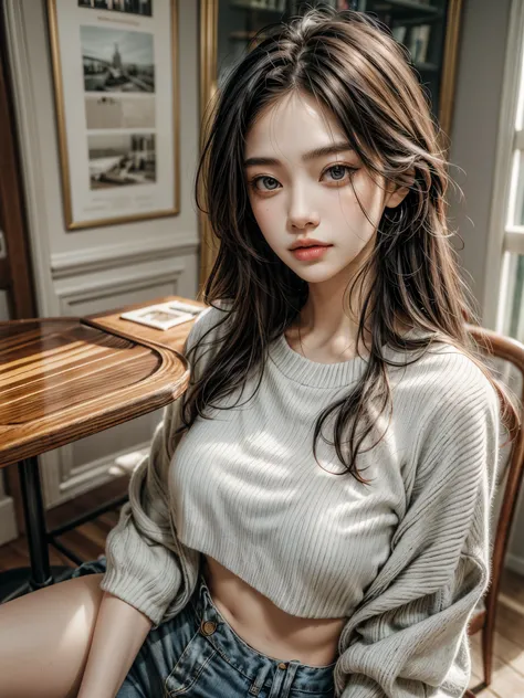 (best quality,highres,ultra-detailed),realistic portrait,beautiful detailed eyes,beautiful detailed lips,white skin,long brown hair,in a cozy cafe,sitting at a table,aesthetic body,wearing a stylish croptop shirt,enjoying a cup of coffee,soft natural light...