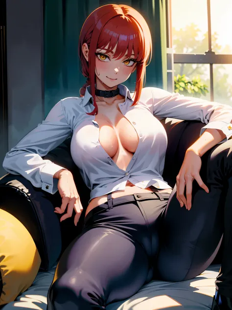 (masterpiece, Best quality:1.2), One, 1 girl, Red hair, yellow eyes, Unbuttoned shirt with collar, black unbuttoned trousers, Широкие Hips, very detailed beautiful face and eyes, beautiful skin, wet, ruddy, Perfect anatomical smile, Bright sunlight, Hips, ...