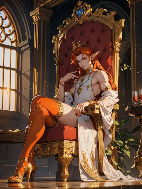 Masterpiece, best quality, spacious palace, large archways, throne room, elvish design, 1_man, male body, thin, handsome, flamboyant, full body, sitting in throne, looking at the camera, deviant smile, (smirk on face), long elf ears, earrings, orange hair,...