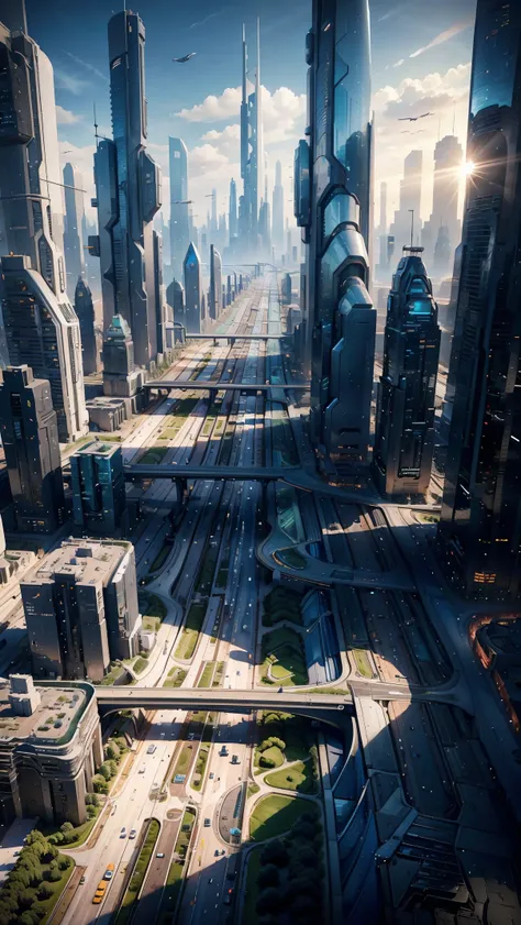 future city:1.5,highway seen from the sky,car,building,master piece,highest quality,ultra high resolution,(super detailed:1.2),8...