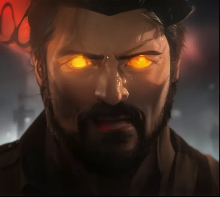 a close up of a man with glowing eyes and a beard, karl  as wolverine, photorealistic logan movie still, karl , kar dragonslayer, dramatic sci-fi movie still, he has eyes of fire, shot from cinematic, the night war rages behind him, x, his eyes glowing yel...