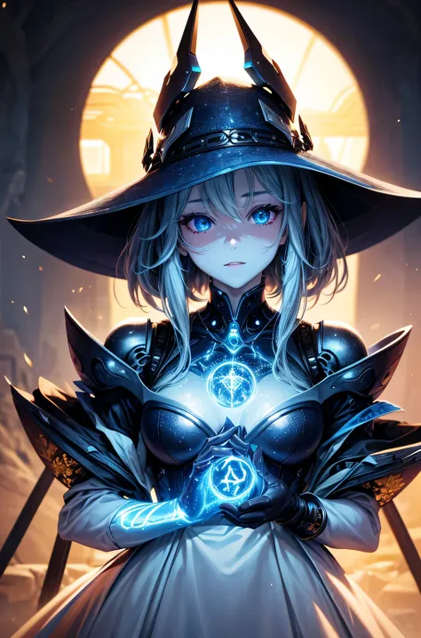 Futuristic robot witch in the enchanted forest、witch hat、cybernetic enhancement、Mechanical edge structure、upper body portrait，Create a mysterious and charming atmosphere，Glittering symbols and runes、shimmering particles、sparkling mist、strong color palette，...