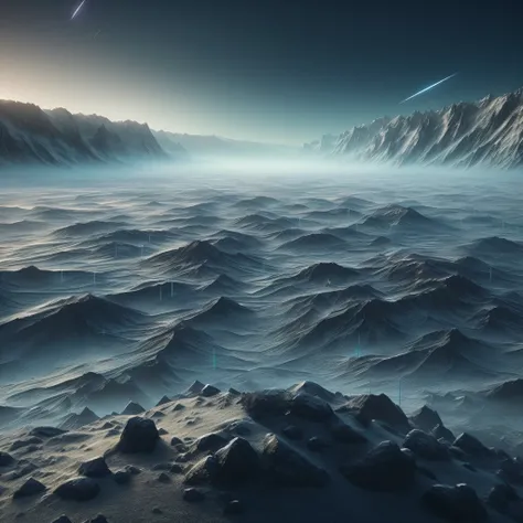 a view of a vast expanse of snow covered mountains and a distant star, inspired by jessica rossier, by jessica rossier, exoplanet landscape, stunning alien landscape, jessica rossier fantasy art, an alien landscape view, inspired by Michał Karcz, amazing a...