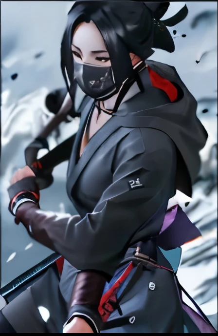 a close up of a person in a hoodie holding a sword, wielding kunai, akatsuki akira, itatchi uchiha, akiyuki shinbou, itachi uchiha, shinobi, itachi, kabuto, ninja, okata kazuto, umanosuke iida, kakashi hatake, madara uchiha, goth ninja， Lan Fang，long black...