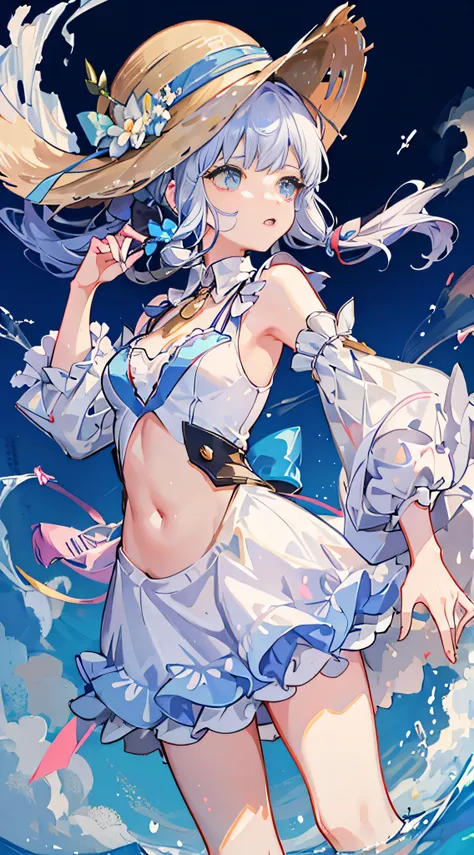 1 girl，straw hat，white one piece swimsuit，abdomen，messy long hair，short transparent dress，Transparent sleeves，A lot of smoke，beautifully，elegant colors，high detail，masterpiece，super detailed，dynamic angle，Mural background，ink，surprise lighting，Enlightenmen...