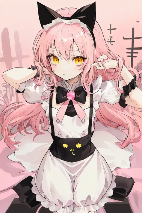 cute anime girl with long pink hair and yellow eyes, small chest size, loli short height, slim body, wearing white maid outfit and cat headband