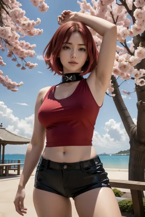 sakura from naruto shippuden anime, red sleeveless top, arm up in the air, UHD underarms, UHD armpit details