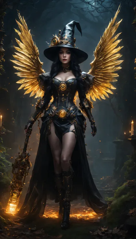 In the dark magic forest、Robot Witch、witch hat、wearing a veil、glowing eyes、cybernetic enhancement、mechanical limbs、steampunk aesthetic，golden gear，Detailed mechanical wings、Arcane Broom、Tattoos with symbols and runes、smokes、Create a mysterious and charming...