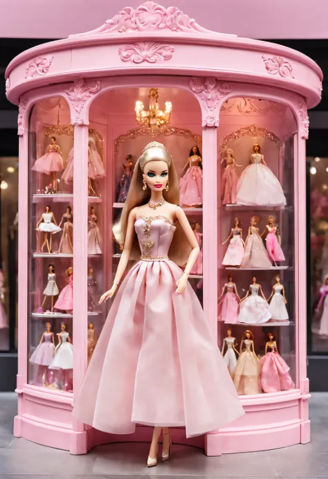 The background of the Barbie doll display window on the street corner a light pink color, which complements European classical gold. In the center of the window a carefully designed Barbie doll retro carved display rack with delicate patterns, displaying...