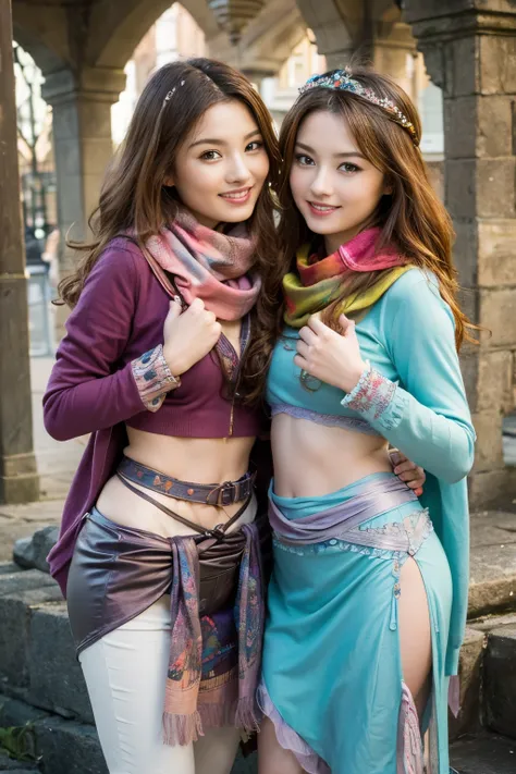 2girls, curious, fearless, smiling, wavy brown hair, dressed in colorful clothes and a magical scarf, next to the old fairy queen,​masterpiece, top-quality,raw photograph, top-quality, Official Art ,the Extremely Detailed CG Unity 8K Wallpapers, 