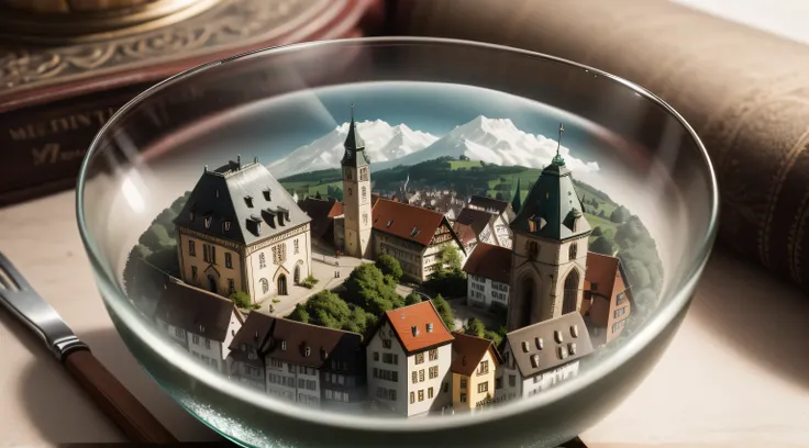 Mini(ttp), (8 TAUSEND, RAW-Foto, best quality, Meisterwerk:1.2), ((Miniature switzerland city in a glass bowl sitting on old bookystic