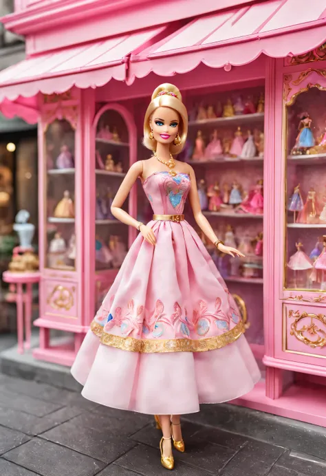 （街角的芭比娃娃玩具店的橱窗特写），the background of the barbie doll showcase on the street corner adopts european classical pink, blue, and gold...