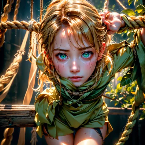 super beautiful shining eyes、Girl hanging from the ceiling with her arms tied with rough rope、Sweat、the rope tied her body、wet body、Rough rope digging into my crotch、A large amount of liquid flows out from the crotch、One leg is suspended above by a rough r...