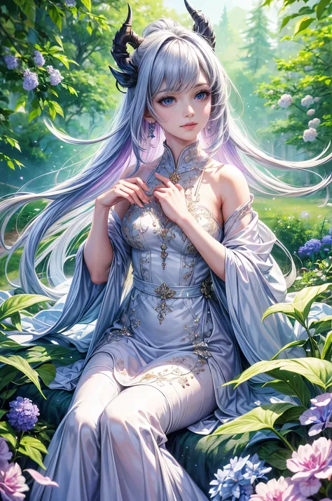 (best quality,4k,highres,masterpiece:1.2),ultra-detailed,realistic,hair:long white,eyes:purple,personification,unicorn,girl,beautiful detailed eyes,detailed lips,feminine,soft expression,fair skin,purple irises,horn,flowing mane,angelic appearance,ethereal...