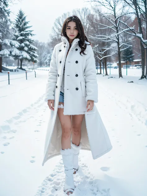 full body beautiful sexy woman in white fur coat snowfall background snowy landscape