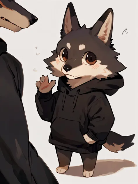 ((By Bebebebebe, by K0BIT0WANI, by Zackary911, detailed anatomy, detailed eyes, detailed body, detailed face, best quality, high resolution)), 1male, Wolf, black sweatshirt, dark brown furs, tail, skinny chub, dark brown eyes, young, in the white backgroun...