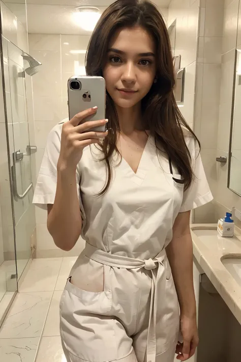 A Realistic Portrait, of a tall girl with brown eyes and Brown Hair style, 20 years old, Beautiful, detailed face, detailed eyes, (realistic skin:1.ale skin:1.1), (textured skin:1.3), ((wearing white nurse’s scrubs)), smile, ((mirror selfie)), ((holding he...