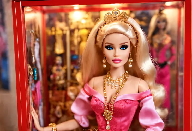 Barbie doll in a street corner glass display case in European classic red、Pink、blue and gold background as background，Extraordinarily beautiful and super clear face，big eyeusic box，jewelry，Showcases feature vintage engravings with intricate patterns，Showca...