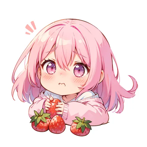 pink hair, masterpiece, high res, illustration, cute, blush, (embarrassed), left angle, eating strawberries, only face, chibi