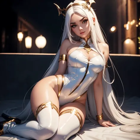 Sexy succubus girl with long white hair, white eyebrows and a beautiful face. Bronze skin, with small white wings on the head. without wings. Wearing a tight, shiny white leather bodysuit and colored high heels. Im standing in the office. exquisite, alluri...