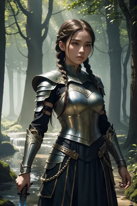 A girl wearing a braided chain armor, surrounded by lush greenery. She has beautiful detailed eyes and lips, with long eyelashes. She stands confidently, holding a sword in her hand. The armor shimmers in the sunlight, showcasing its metallic sheen. The gi...