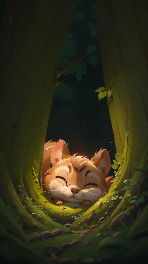 its late at night，可爱的Little squirrel，Illustration of sleeping in a warm tree hole, She rolled up into a ball，Enter sweet dreams。goodnight，Little squirrel。close up, Pixar cinematic style, best quality, movie stills, very cute,