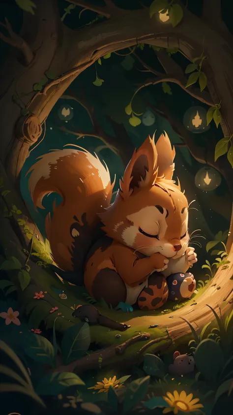 its late at night，可爱的Little squirrel，Illustration of sleeping in a warm tree hole, She rolled up into a ball，Enter sweet dreams。goodnight，Little squirrel。close up, Pixar cinematic style, best quality, movie stills, very cute,