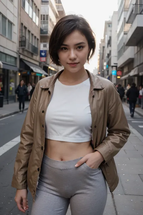 top-quality、​masterpiece、超A high resolution、(realisitic:1.4)、Beautuful Women１、Beautiful detail eyes、smile、Light brown short-cut hair, She is Wearing a shirt and long pants posing for a photo, gorgeous chinese model, photo of girl model, IG-Modell, beautifu...