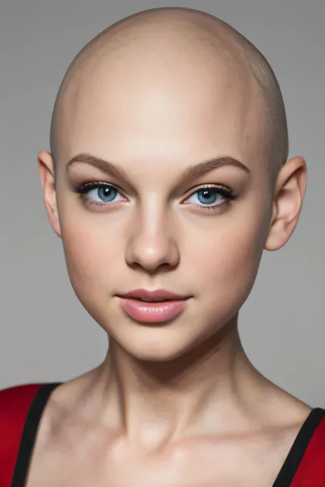 make bald Taylor Swift as 12 year old, generate a face portrait in 8k ultra realistic with skin textures and perfect eyes 