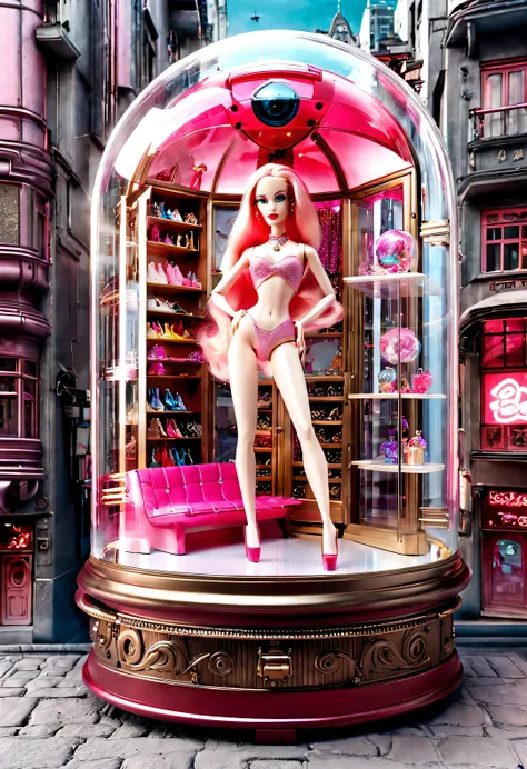 Barbie doll toy store window display in cyberpunk style glass display cabinet on street corner of futuristic city with fish eye effect），蒸汽赛博朋克style，European classic red、pink、蓝色和金ackground为background，Extraordinarily beautiful and clear face，big eyes，small m...