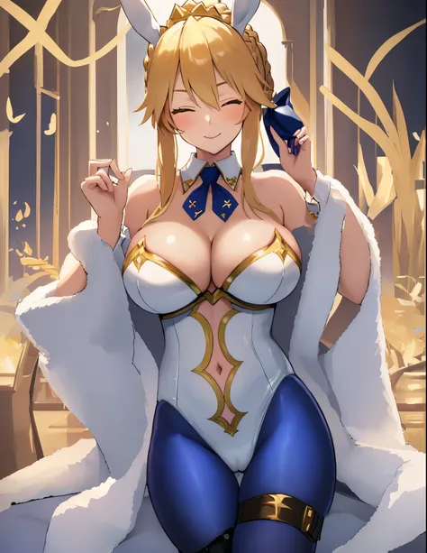 masterpiece, best quality, absurdres, soft lighting, looking at viewer, solo, light_smile, wink, one eye closed,
1girl, ahoge, rabbit ears, playboy bunny, artoria pendragon (swimsuit ruler) (fate), large breasts , blonde hair, green eyes, french braid,  po...