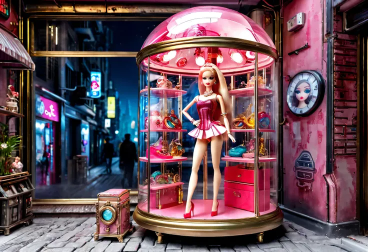 barbie doll toy store window display in cyberpunk style glass display cabinet on street corner of futuristic city with fish eye ...