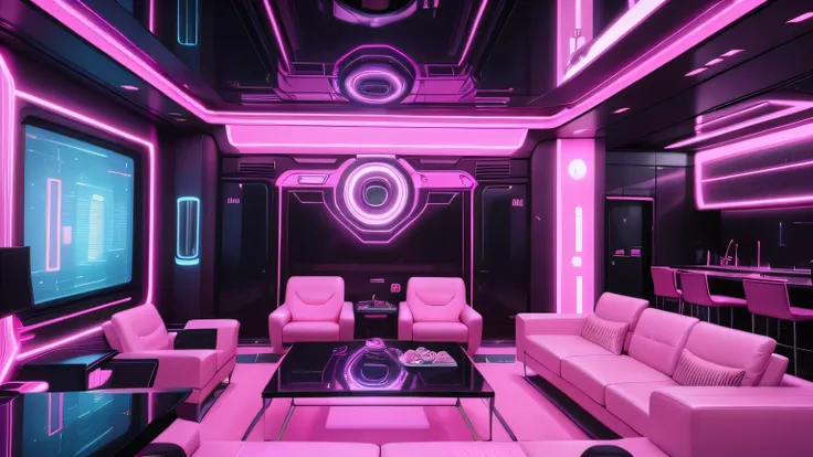 a view of a living room with a couch and a table, futuristic room, futuristic setting, futuristic decoration, futuristic looking living room, pink dystopian futurism, pink cyberpunk colors, futuristic but colorful shading, in style of beeple, beeple colors...