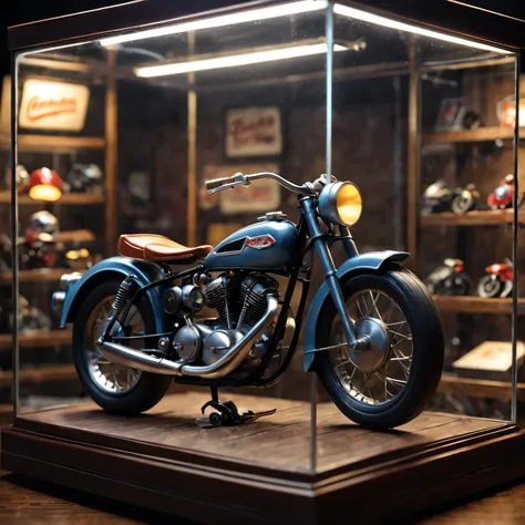 American retro miniature,Toy motorcycle in the glass showcase, best quality, movie lighting, Awards, best quality, ultra high definition, ultra high definition, multiple views, Awards, best quality, high quality , Pixar, anime style, Pixar, anime style, ba...